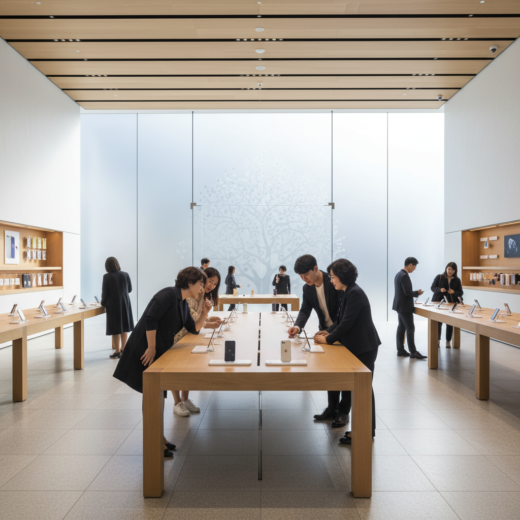 A modern Apple Store interior with a focus on a budget-friendly iPhone display, bright and natural lighting, Korean customers looking at phones, sophisticated atmosphere, no text