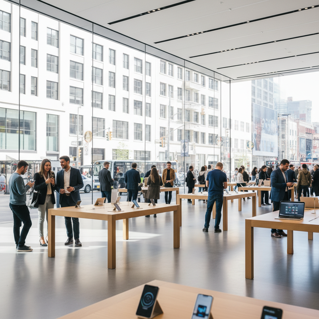 A high-end modern Apple Store interior with large glass windows and people looking at gadgets, natural daylight, sophisticated atmosphere, lifestyle photography, no text