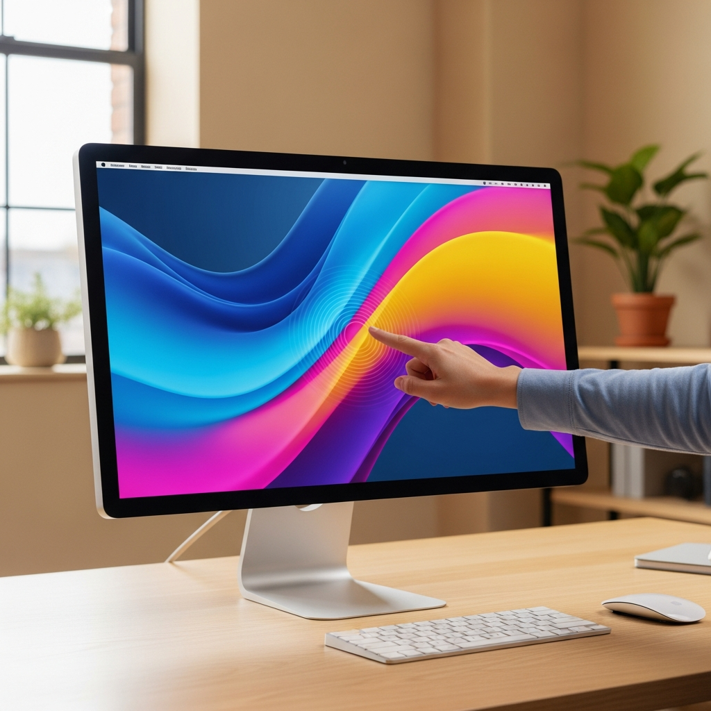 A sleek, modern Apple Studio Display 2 on a desk, displaying vibrant colors and smooth motion. A hand is reaching out to touch the screen. The background is a minimalist, warm-toned office with natural light, no text.