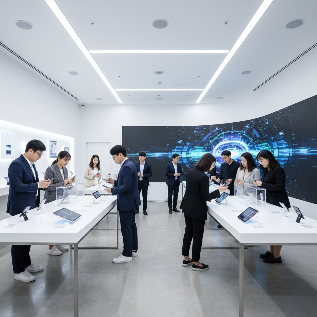 A modern tech store environment with a clean layout, Korean people looking at display stands, bright and balanced lighting, high contrast, 4:3 aspect ratio, no text