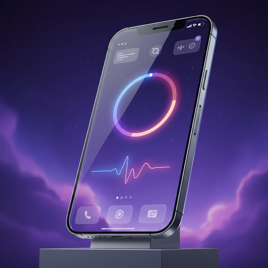 A futuristic iPhone displaying a loading spinner with a soft glow, symbolizing delayed AI features, clean modern layout, high contrast, violet and blue gradient background, no text