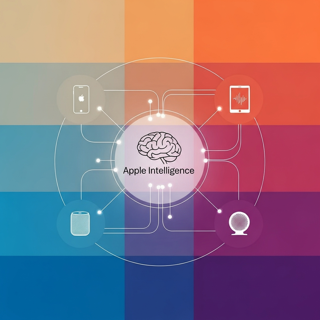 A clean infographic showing a stylized brain labeled "Apple Intelligence" with connecting lines extending to icons representing an iPhone, iPad, Mac, and HomePad, symbolizing contextual understanding, modern layout, high contrast, colored background, no text.