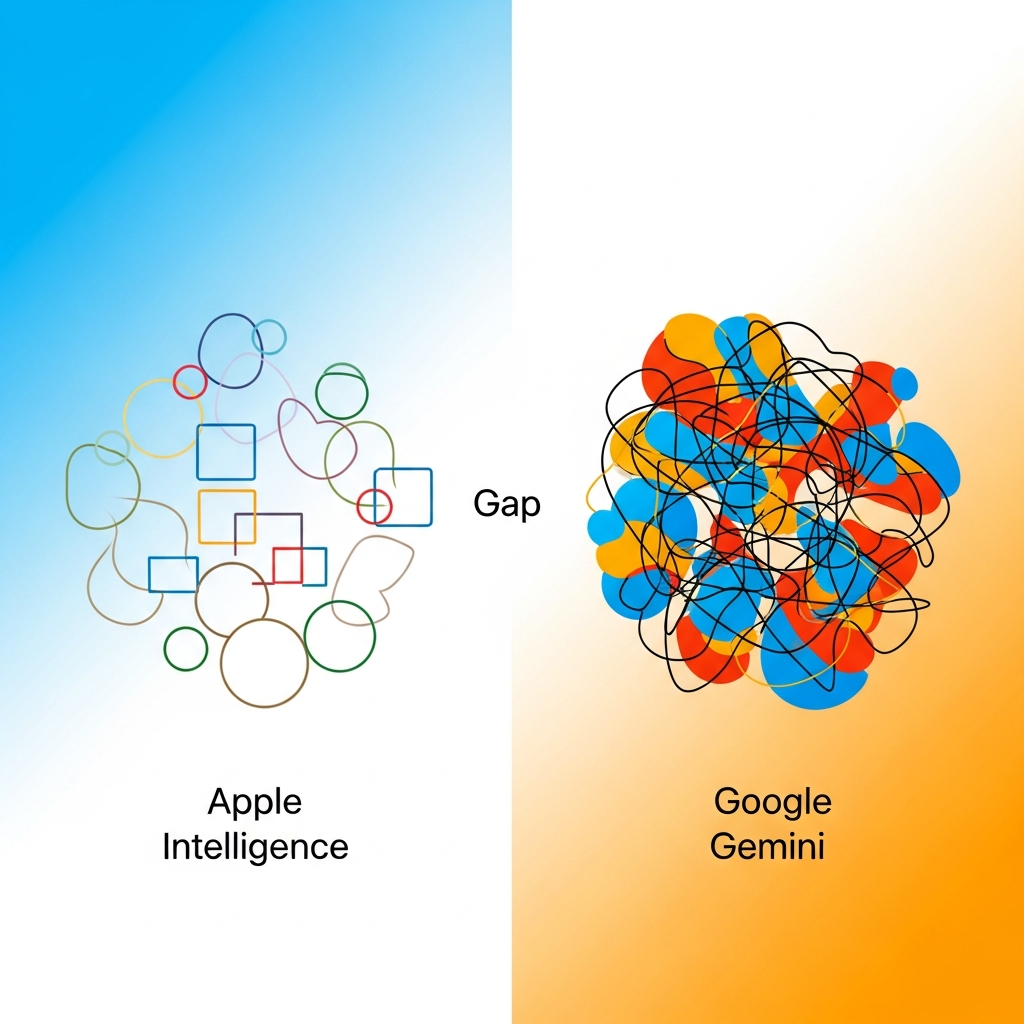 Conceptual image showing a significant gap between two abstract entities, one representing Apple Intelligence (less advanced, simpler form) and the other Google Gemini (more advanced, complex form), with a bright, gradient background. No visible text. Clean infographic style.