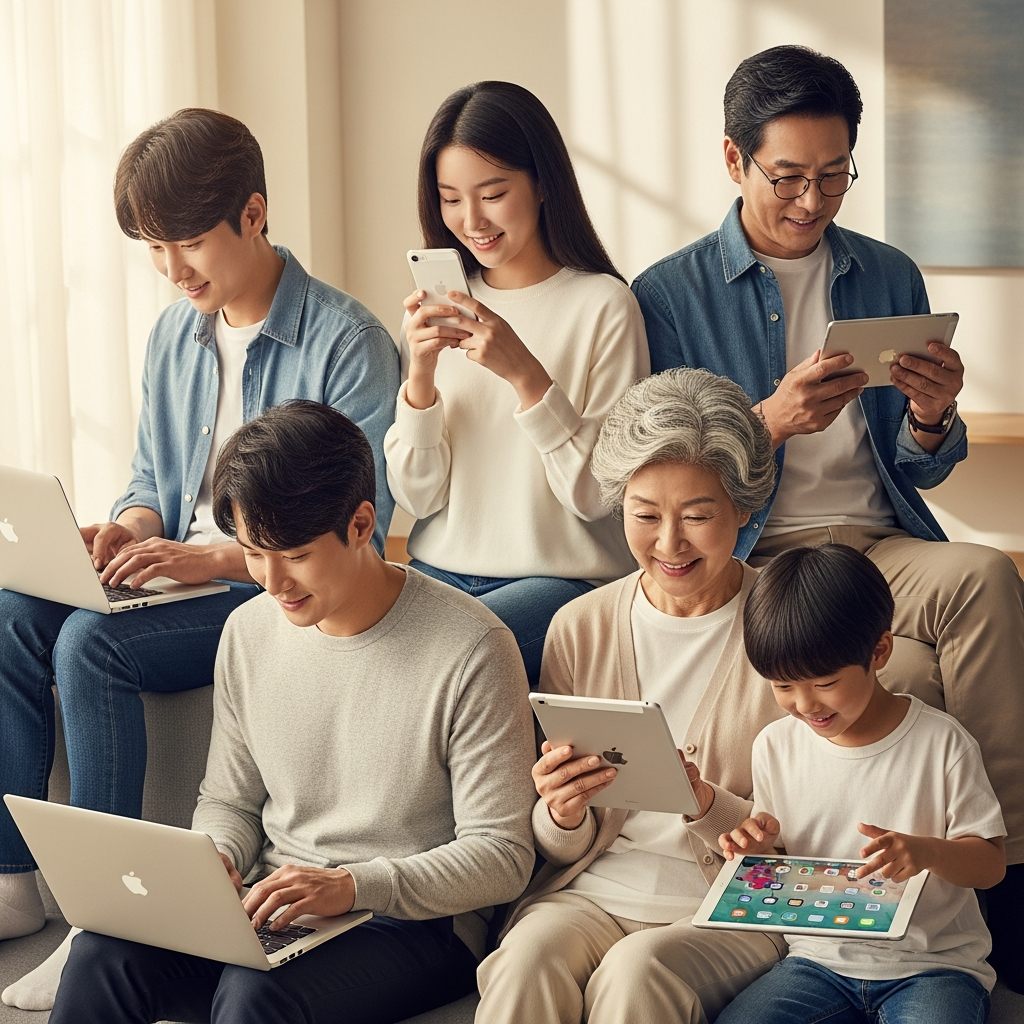 A diverse group of people, young and old, using various Apple products (Mac, iPhone, iPad) in a modern, brightly lit home or office setting, warm lighting, textured background, no visible text, Korean appearance for people