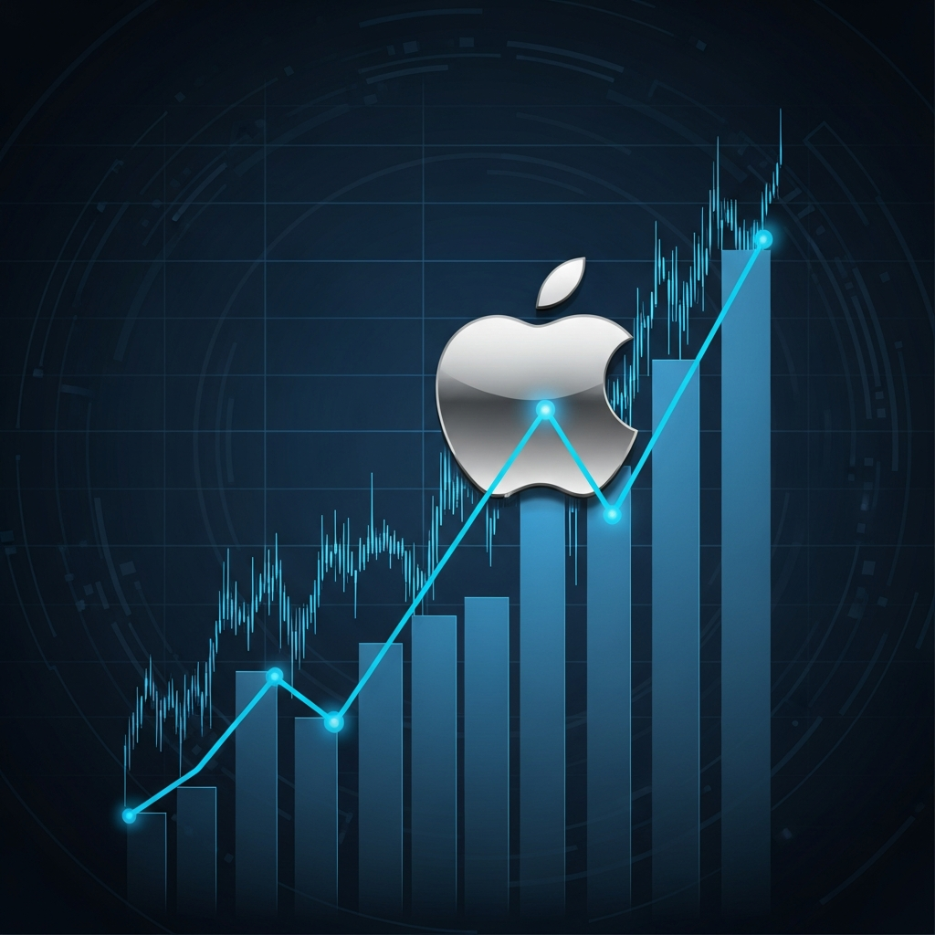 A clean infographic showing a rising stock market chart with a sleek Apple logo, modern financial theme, high contrast, blue and silver color palette, no text