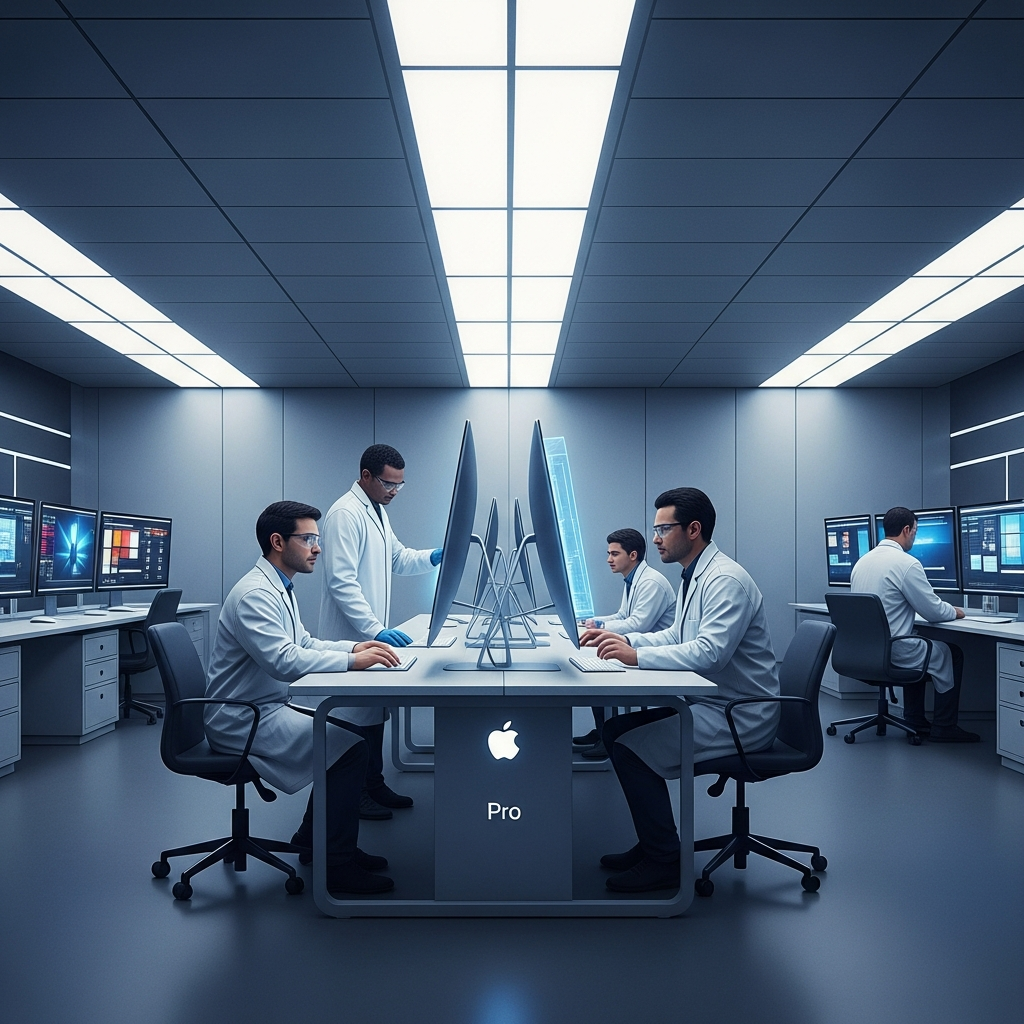 Inside a futuristic, minimalist secret lab at Apple Park. Engineers in modern, clean lab coats are examining a large, glowing iMac Pro prototype. The atmosphere is quiet, focused, and high-tech, with subtle blue and white lighting. Style: illustration, artistic rendering, textured background. No visible text, no visible text on screens.