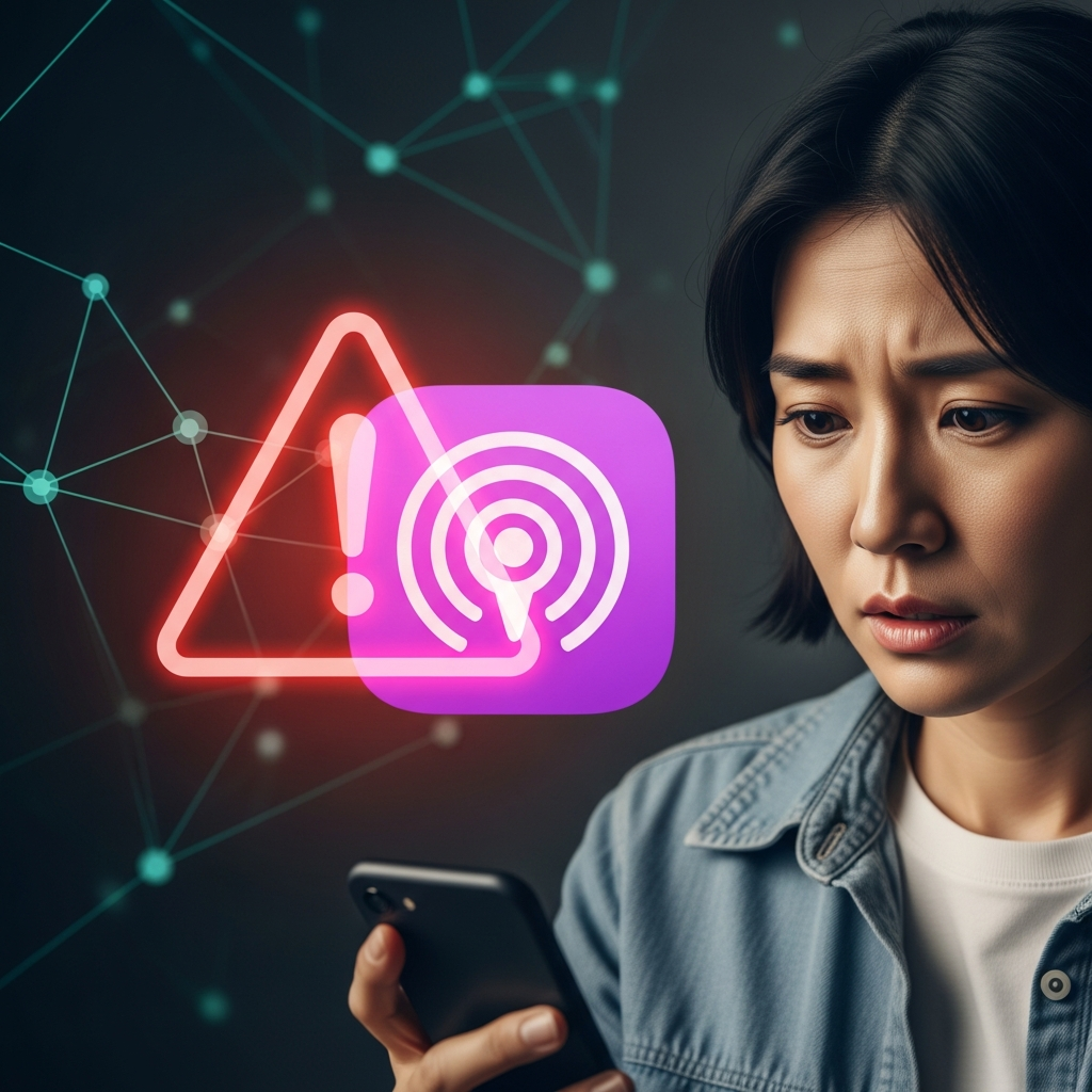 An alert-style infographic with a glowing red warning symbol over a stylized Apple Podcasts app icon. The background features a network of interconnected lines, symbolizing data flow and potential vulnerabilities. A cautious Korean person looking at their phone screen with a worried expression, Korean appearance, natural lighting, no text.