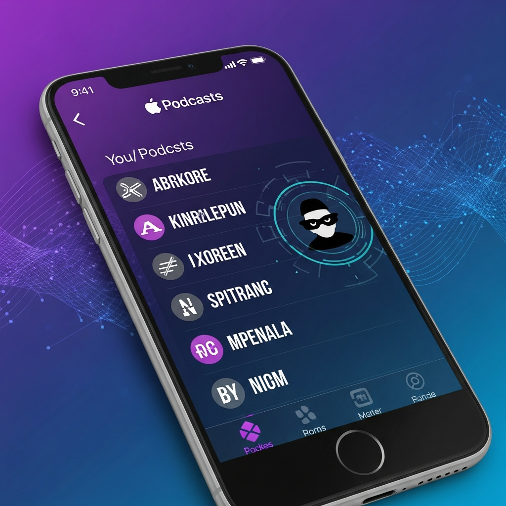 A modern infographic showing a smartphone screen with the Apple Podcasts app open, displaying bizarre, unidentifiable podcast titles with unusual characters. A small, stylized 'hacker' icon is subtly integrated, suggesting a digital threat. The background is a gradient of deep blues and purples, with abstract digital lines. No visible text, clean design.