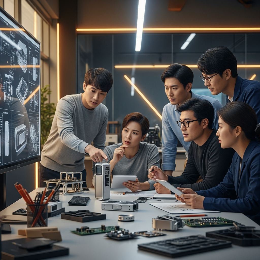 A group of Korean engineers and designers intensely collaborating on a new hardware prototype in a clean, modern lab. They are looking at schematics on a screen and discussing, bright, natural lighting, a futuristic and warm lab background, no text.