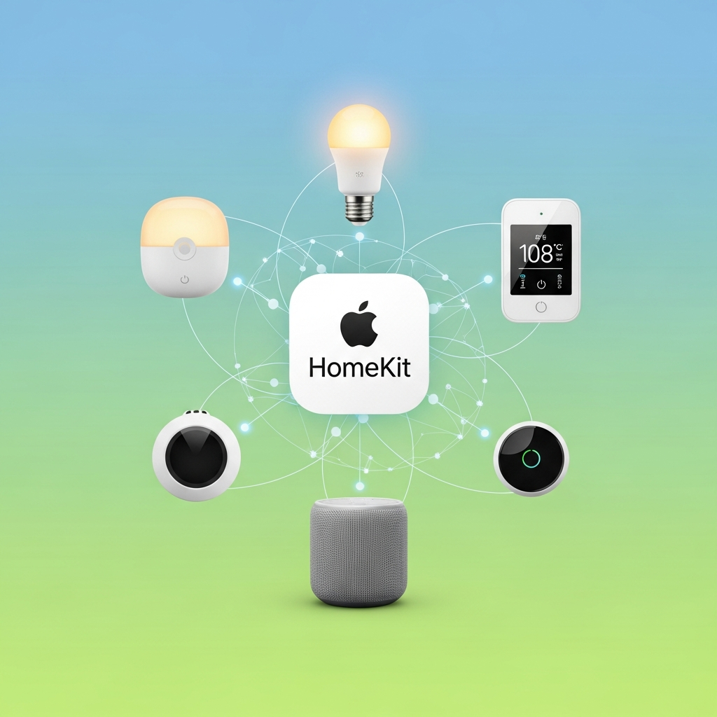 A modern clean infographic showing various smart home devices (lights, thermostat, speaker) surrounding an Apple HomeKit logo, with subtle network lines connecting them, on a gradient colored background. No visible text.