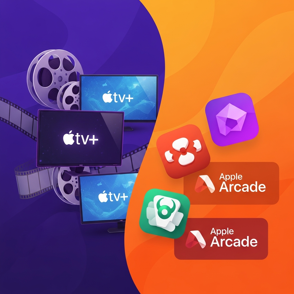A vibrant, colorful infographic-style illustration showcasing various entertainment content. On one side, movie reel strips and TV screens with "Apple TV+" logo are visible, hinting at new shows and movies. On the other side, stylized game icons with "Apple Arcade" logo are displayed, representing new mobile games. The background is a dynamic blend of deep purple and bright orange. Bright, balanced lighting. No text. No visible UI elements.