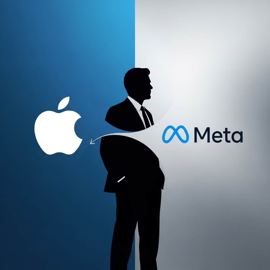 A stylized infographic showing the logos of Apple and Meta, with a figure representing Alan Dye in between, suggesting a transition. The background is a gradient of corporate blue and silver. No visible text. Style: clean infographic, modern layout, high contrast.
