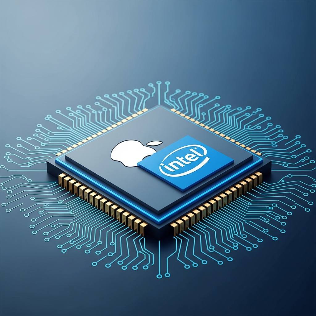 A modern infographic displaying a sleek, futuristic chip design where the Apple logo and Intel logo are subtly integrated or interacting. The background is a clean, gradient tech-blue, highlighting a sense of partnership and innovation. Centered focus, no empty margins, no text. Clean infographic, modern layout, high contrast.