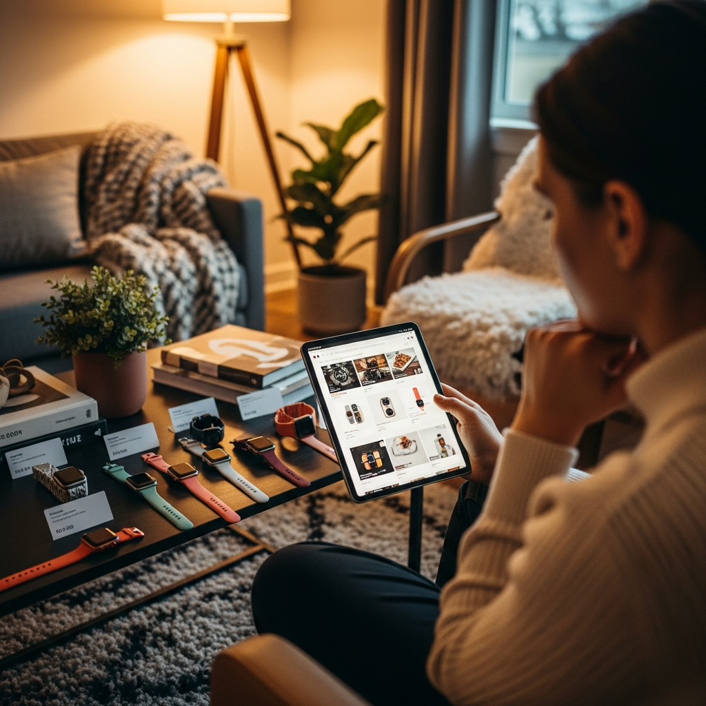 An image depicting a person thoughtfully browsing online on a tablet, surrounded by various Apple Watch models and price tags. The setting is a cozy, modern living room with warm lighting. Style: lifestyle photography. No visible text.