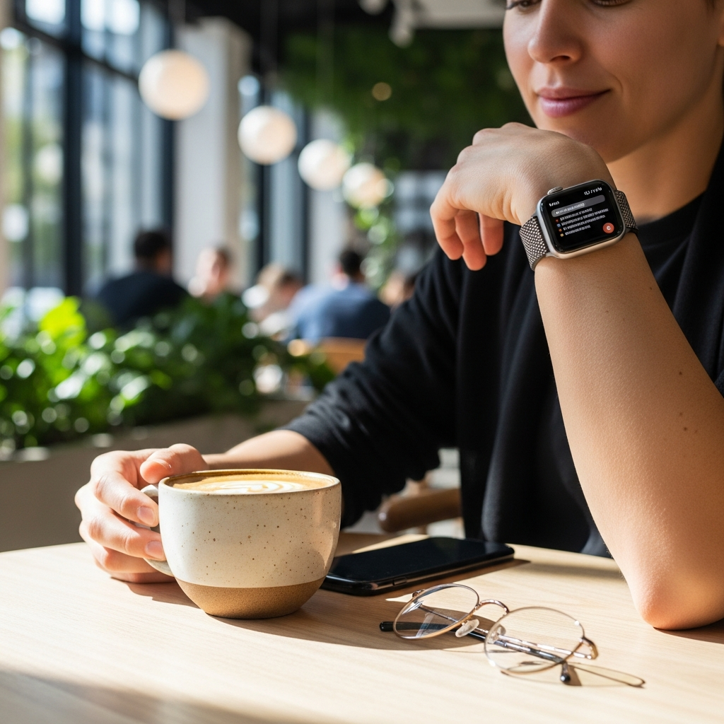 A person wearing an Apple Watch Series 11, using it to check notifications while enjoying a casual coffee at a cafe. The setting is bright and modern, emphasizing ease of use in daily life. Style: lifestyle photography. No text.