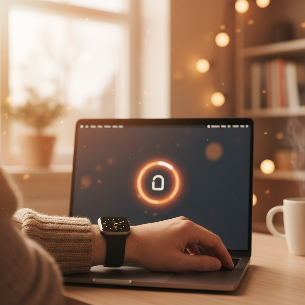 A person wearing an Apple Watch near a MacBook Pro, the laptop screen unlocking automatically, soft bokeh background, lifestyle photography, warm and cozy mood, no text