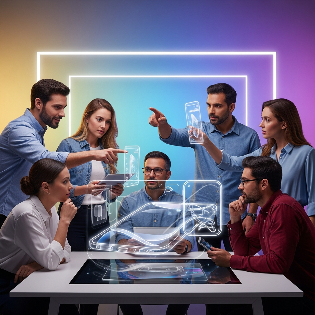 A dynamic visual of a diverse team collaborating and innovating, with a futuristic Apple-like product design concept in the background. The scene is bright and optimistic, with a gradient-colored backdrop representing progress and vision, no text.