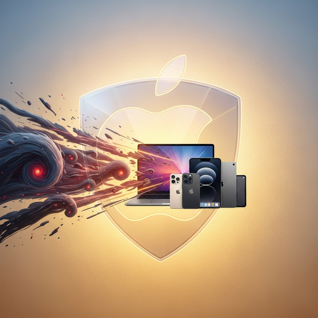 Conceptual image showing an abstract shield with a subtle Apple logo protecting various Apple devices (like a MacBook, iPhone) from external forces representing rising costs. Emphasize stability and protection. Illustration style, artistic rendering, textured background. Soft, warm lighting. Centered focus, visually rich, no empty margins. No visible text.