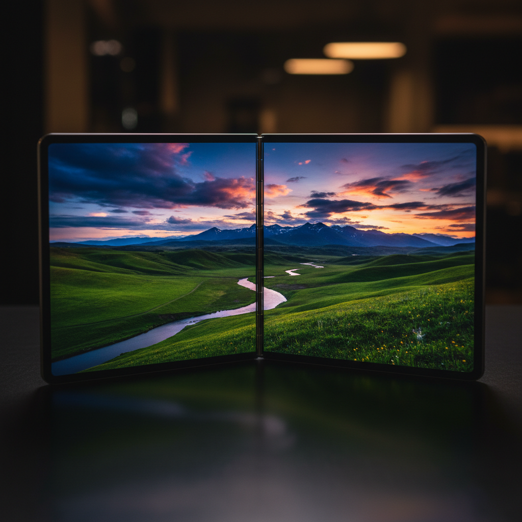 Close up of a foldable OLED screen with vibrant colors, showing a beautiful landscape photo, smooth hinge mechanism, cinematic lighting, high contrast, no text