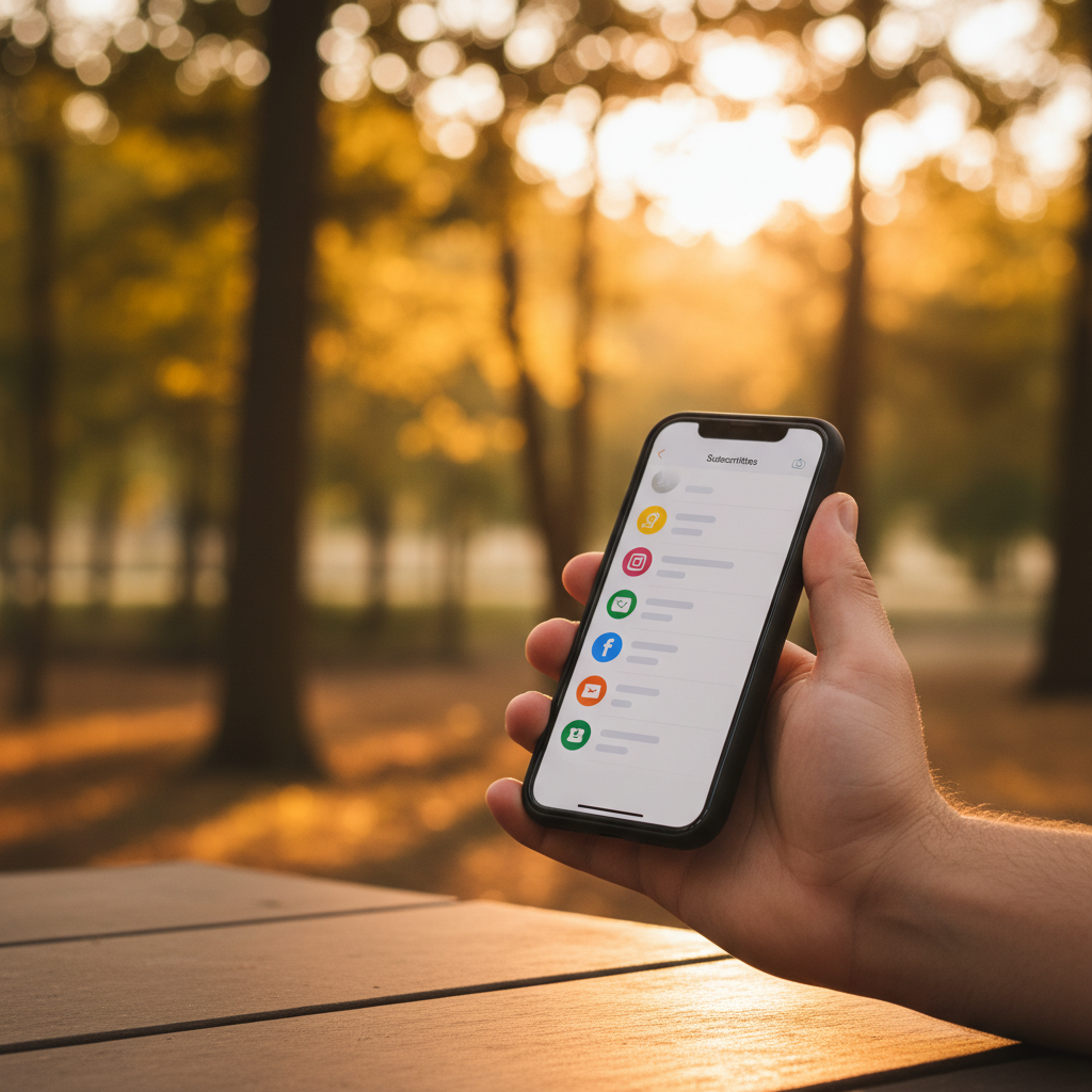 A person's hand holding an iPhone showing an app subscription list, lifestyle photography, natural setting, warm tones, no text