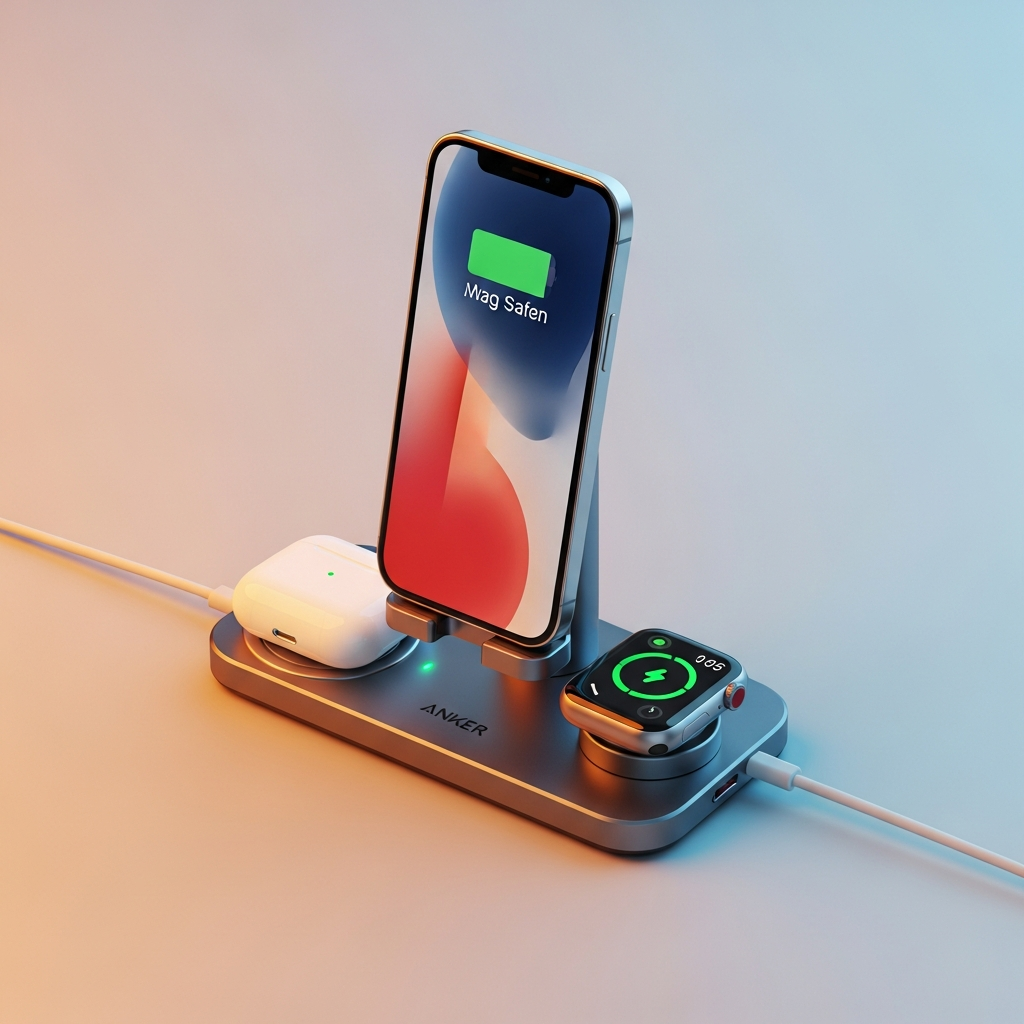A visually rich scene showcasing the Anker 3-in-1 MagSafe charger in action, with an iPhone, Apple Watch, and AirPods neatly placed on their respective charging pads, all charging simultaneously. The background is a gradient color, centered focus, detailed composition, no text.