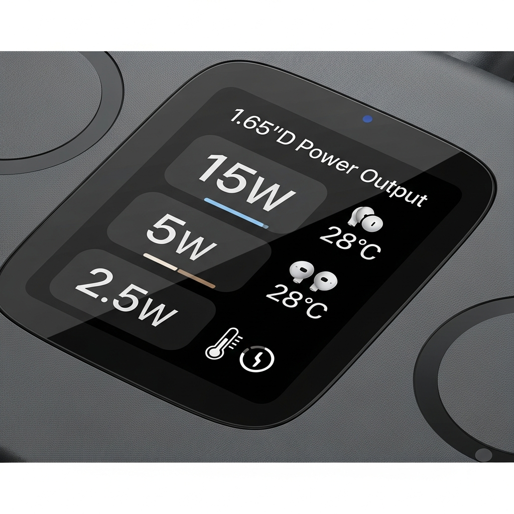 Close-up on the 1.65-inch HD display of the Anker 3-in-1 MagSafe charger, showing real-time power output and device temperature data. The screen is clear and vibrant, clean infographic style, modern layout, high contrast, textured background, no text.