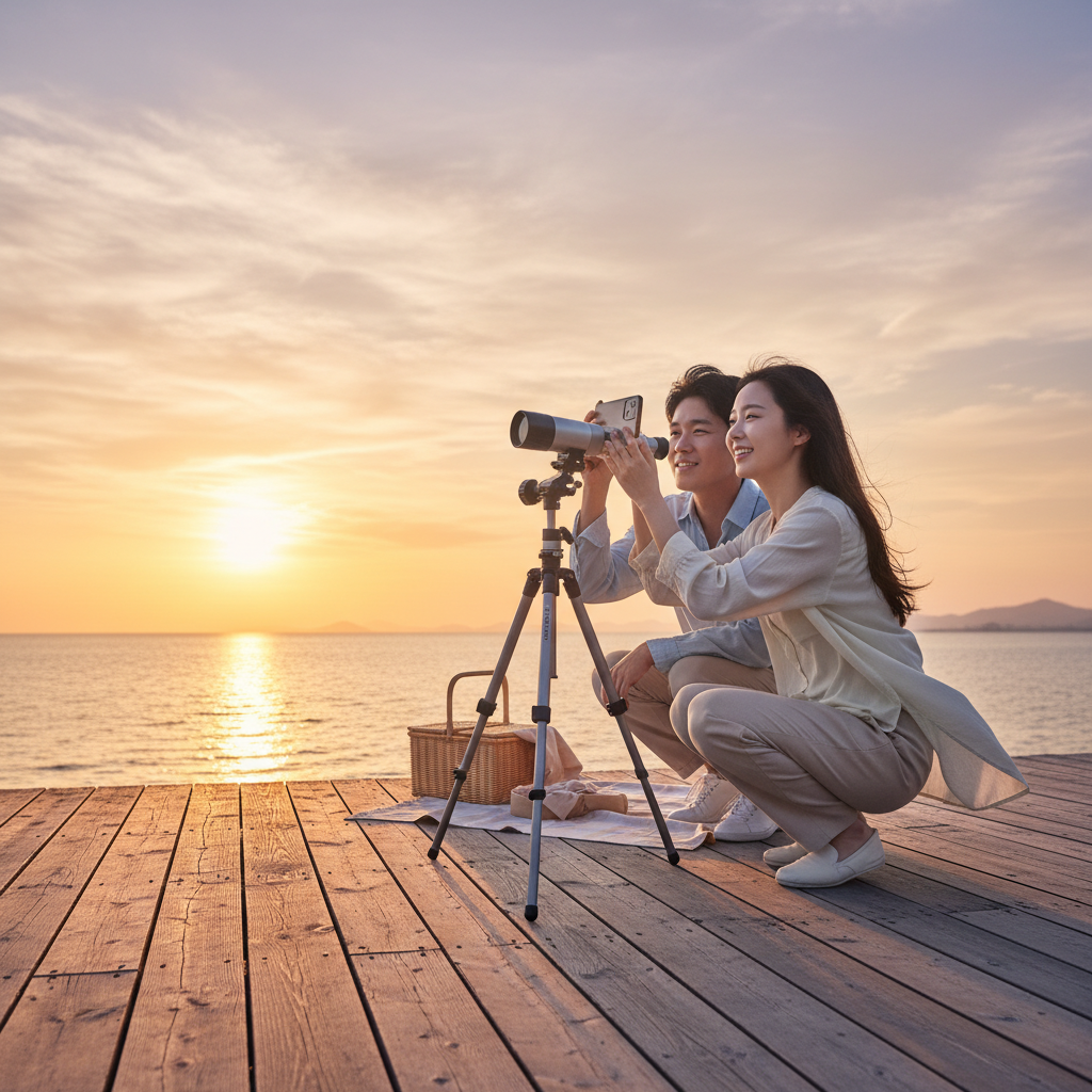 A Korean man and woman using a smartphone telescope on a wooden deck during sunset, looking at the horizon, realistic lifestyle photography, soft lighting, no text