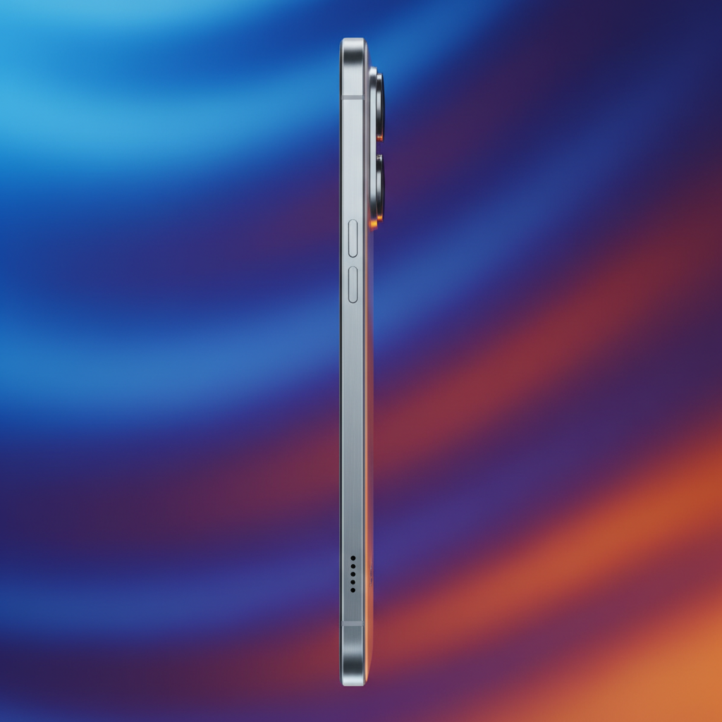A side view of an incredibly thin smartphone with a dual-camera setup, modern and sleek metallic finish, soft studio lighting, colored gradient background, 4:3 aspect ratio, no text