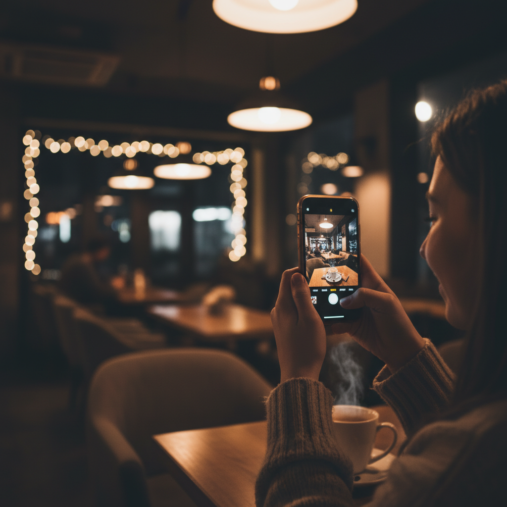 A close-up of a person taking a photo in a dimly lit cozy cafe with an iPhone, soft bokeh background, high contrast, lifestyle photography, no text