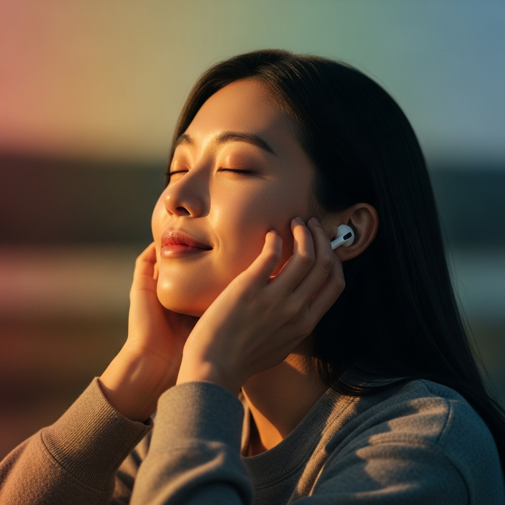 A Korean person relaxing and listening to music with AirPods Pro, serene expression, warm lighting, natural setting, colored background, no text