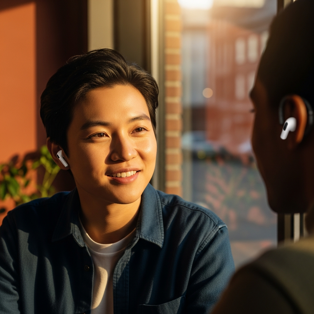 A Korean person wearing AirPods, engaging in a live translated conversation with a person speaking a different language, modern lifestyle photography, natural setting, warm lighting, colored background, no text