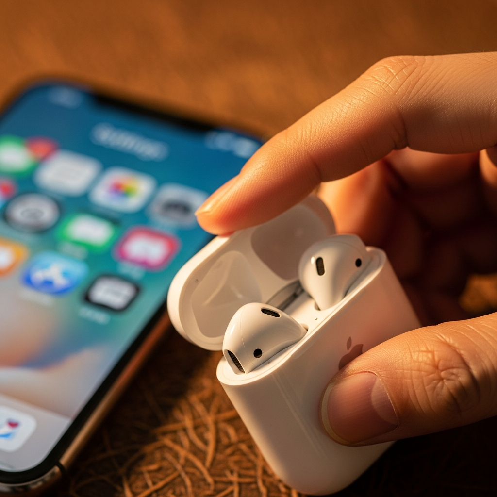 Realistic close-up of a hand closing an AirPods charging case, with an iPhone displaying the Settings app in the background, warm lighting, rich textured background, no text, Korean appearance