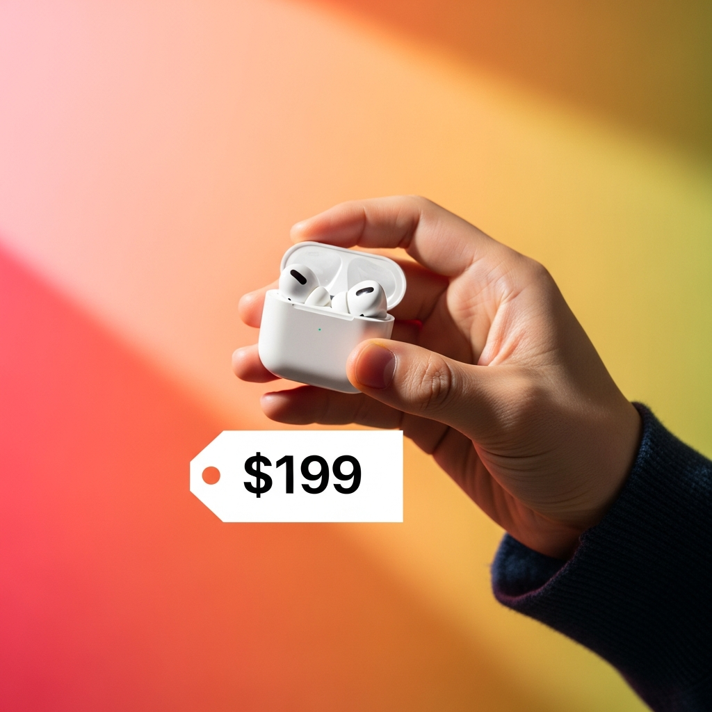 A vibrant lifestyle scene showing AirPods Pro 3 in their charging case with a '$199' price tag beside them, held by a Korean person's hand, against a warm, colored background, natural lighting, no text