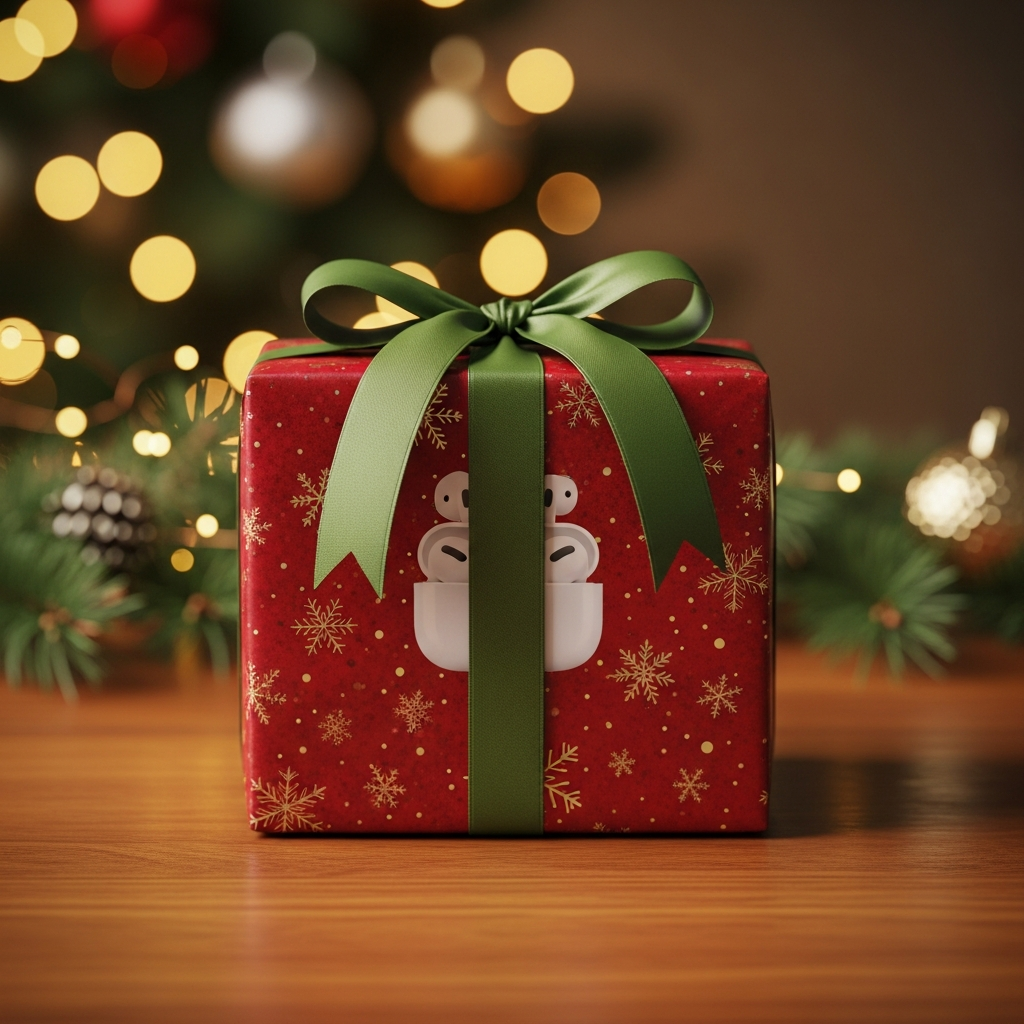 A beautifully gift-wrapped box containing AirPods Pro 3, set against a festive, warm-lit background with subtle holiday decorations, centered focus, no text