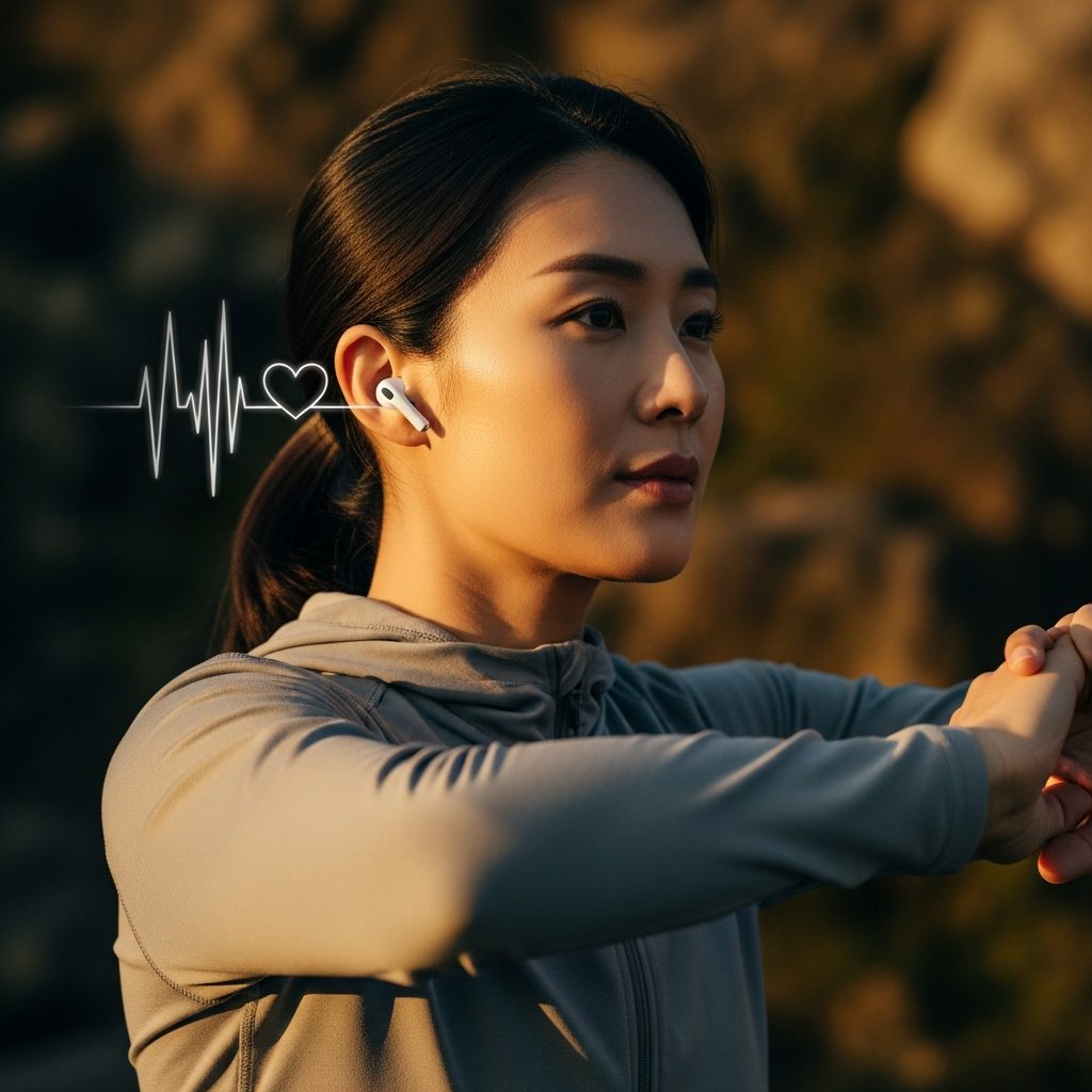 A Korean person wearing AirPods Pro 3 during a light exercise, showcasing the built-in heart-rate sensor feature with a subtle graphic overlay (no text), in a vibrant, natural setting with warm lighting and a textured background, lifestyle photography