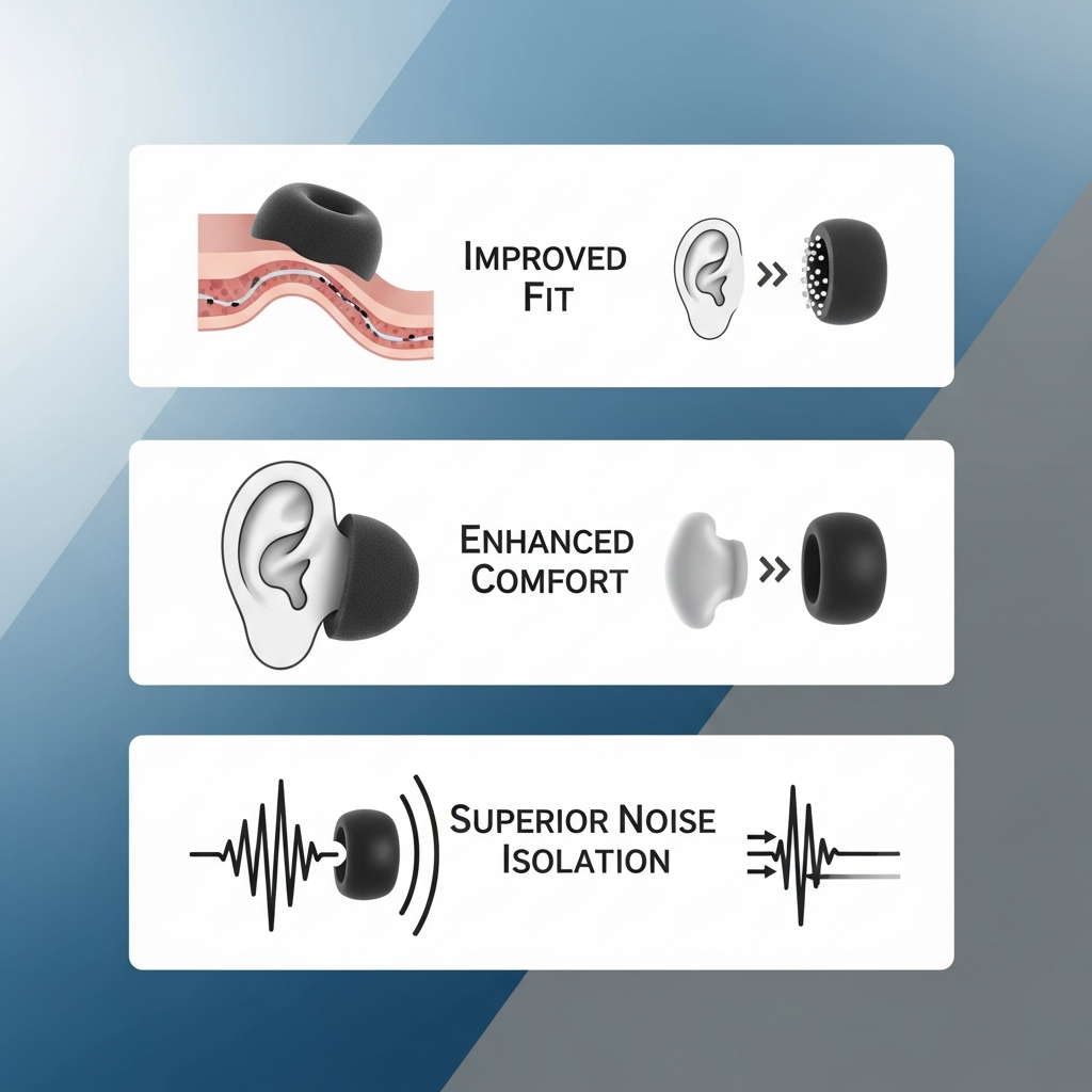 A detailed clean infographic illustrating the benefits of memory foam ear tips over silicone, showing improved fit, comfort, and noise isolation, with subtle blue and gray gradient background, modern layout, high contrast, no text