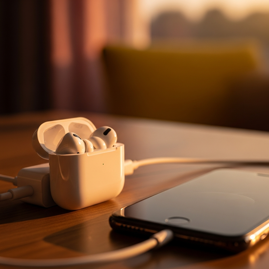 AirPods Pro charging case plugged into a power adapter, sitting next to an iPhone on a desk, a subtle warm light illuminating the scene, lifestyle photography, warm lighting, natural setting, colored background, no text