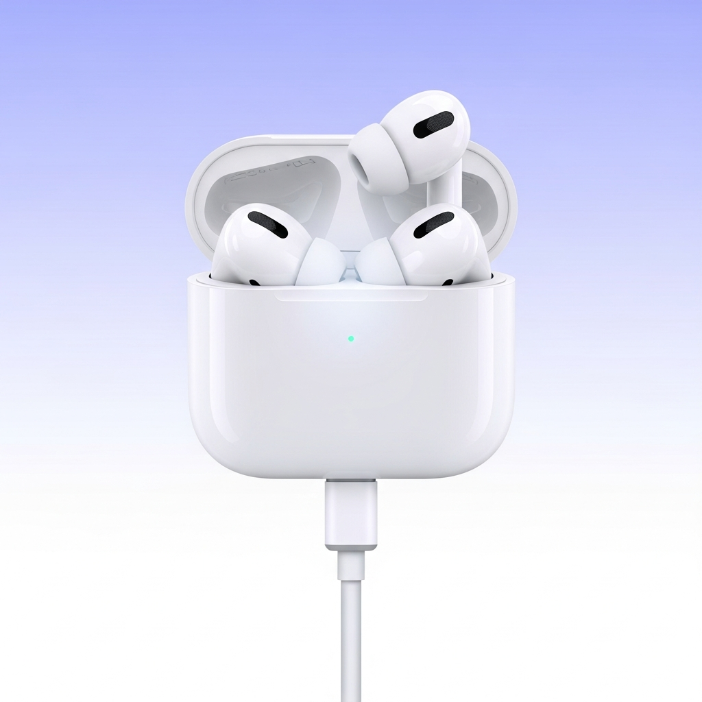 AirPods Pro earbuds inside a closed charging case, connected to a power source, a subtle light glowing from the case indicating activity, clean infographic style, modern layout, high contrast, colored background, no text