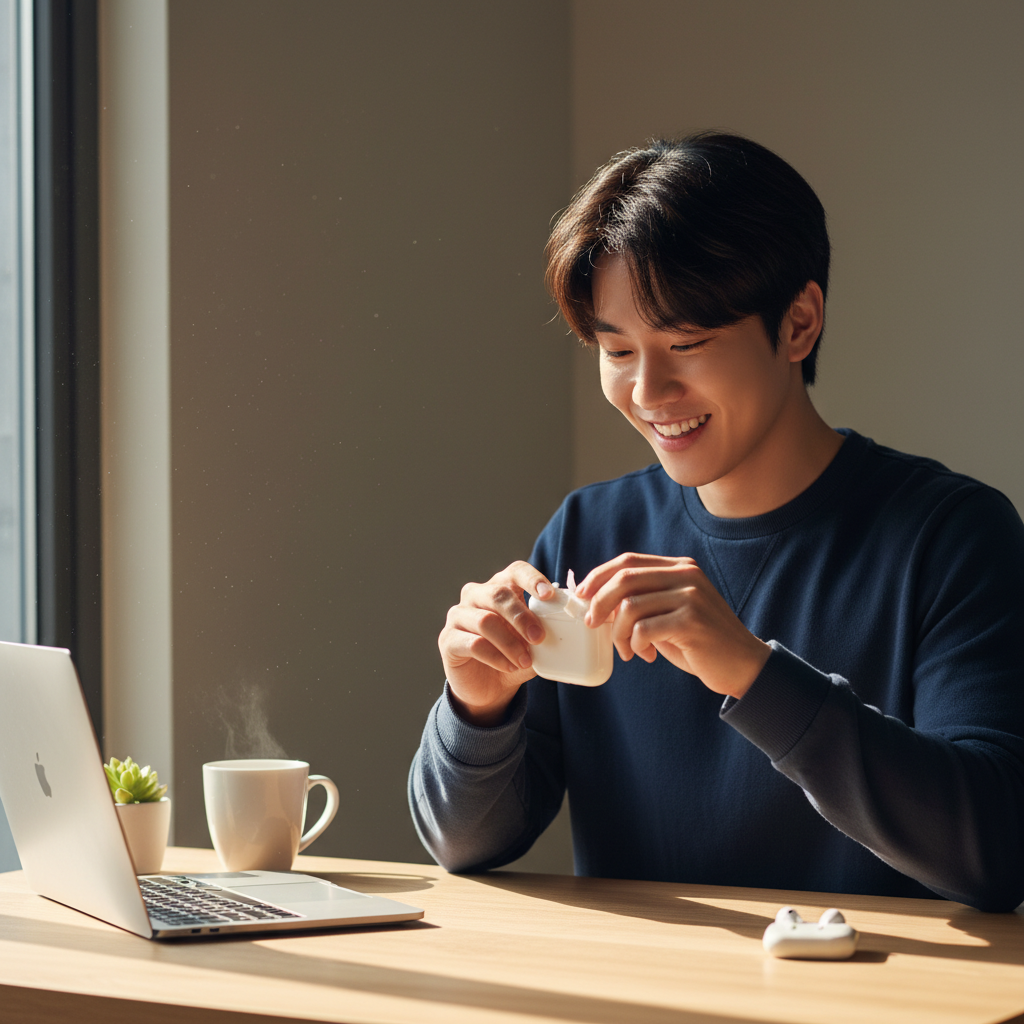 A lifestyle photo of a Korean person happily unboxing a new AirPods Pro, clean modern desk environment, warm natural lighting, high contrast, 4:3 aspect ratio