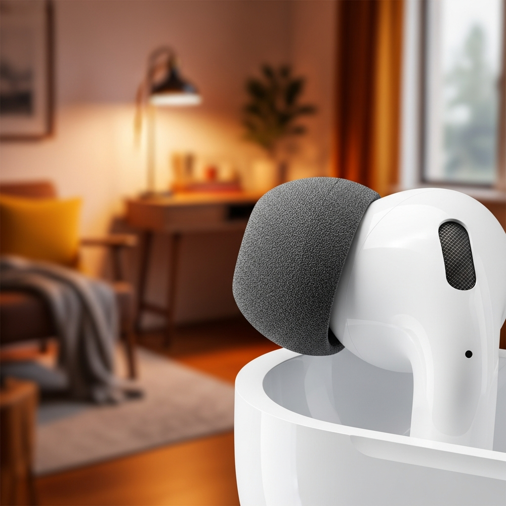 A close-up lifestyle photograph of Apple AirPods Pro with a Comply memory foam ear tip, contrasting with a blurred background showing a cozy home office setting, warm lighting, no text, colored background