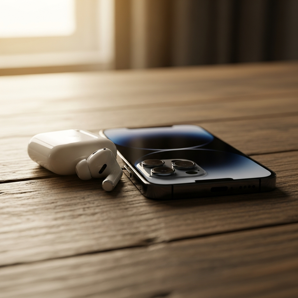 Lifestyle photography of AirPods and iPhone lying next to each other on a wooden table, warm lighting, soft focus, natural setting, no text, Korean appearance