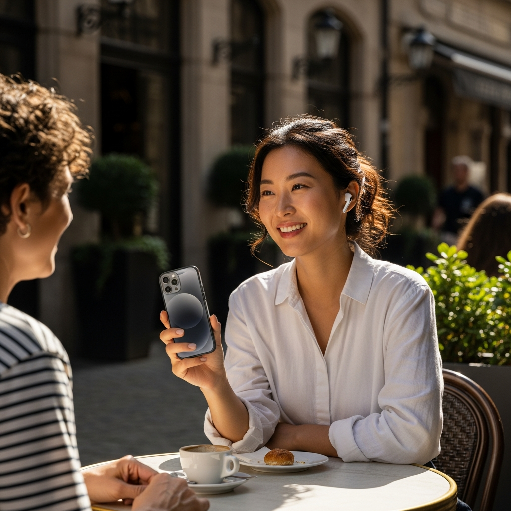 A Korean traveler wearing AirPods Pro having a conversation with a local person in a sunny European cafe, holding an iPhone, warm lifestyle photography, natural lighting, rich background, no text
