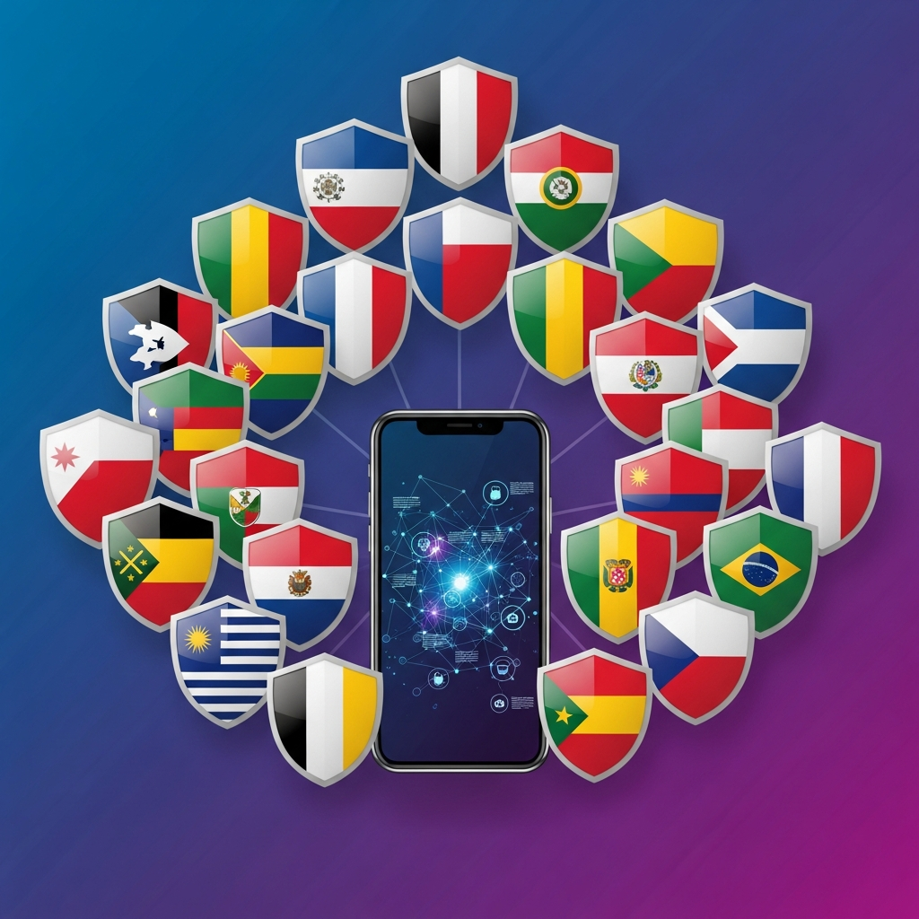 Shields with various national flag patterns surround a smartphone, visualizing information security and control, clean infographic, modern layout, high contrast, colored background, no text