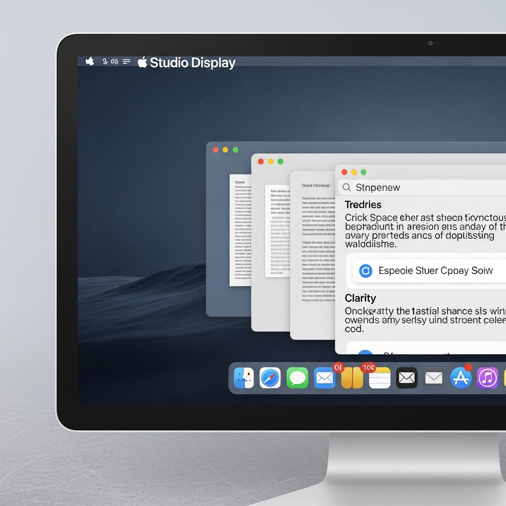A close-up of the Apple Studio Display screen showing crisp text and multiple application windows open side-by-side (e.g., a document, a web browser, an email client), emphasizing screen space and clarity for multitasking. Style: clean infographic, modern layout, high contrast. Background: a subtle, textured desk surface. No text.