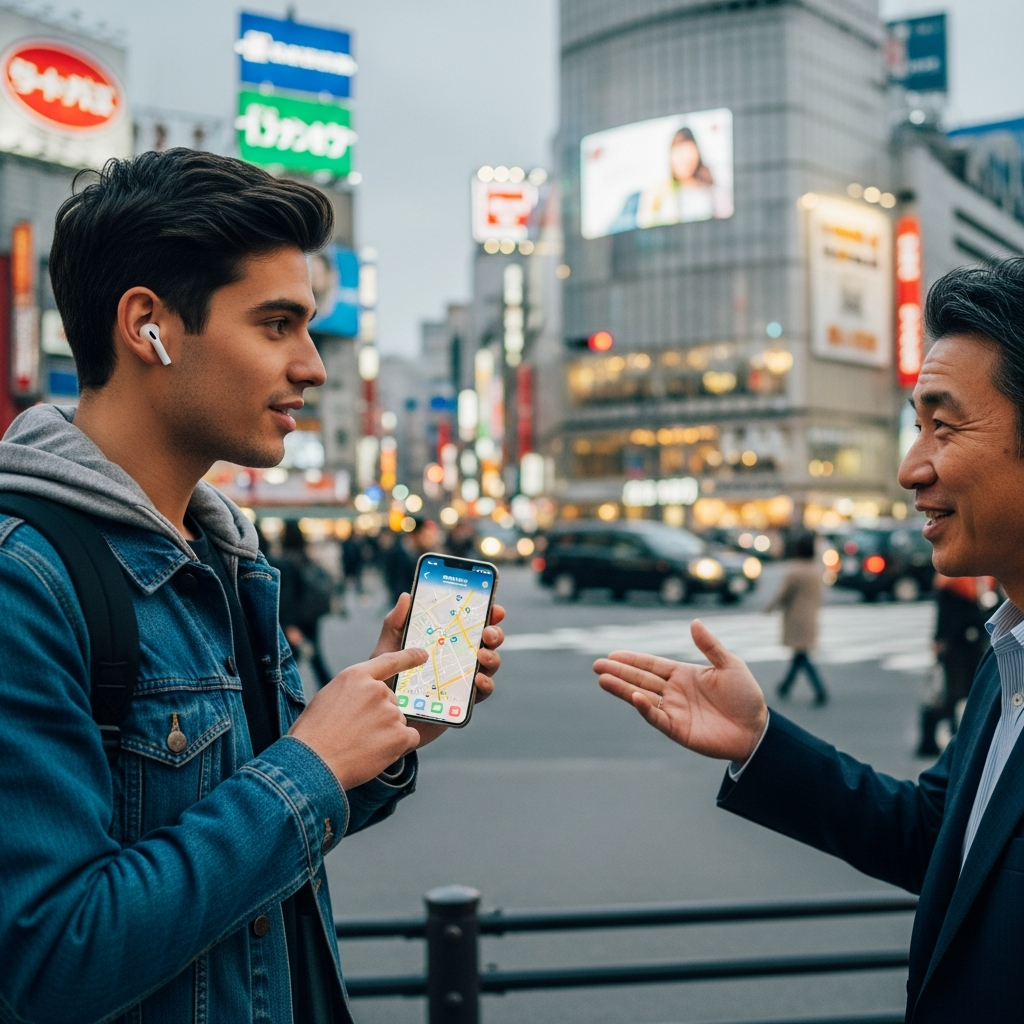 A young man asking for directions to a local person on a busy street in Tokyo, using an iPhone and AirPods, cinematic city background, vibrant colors, no text