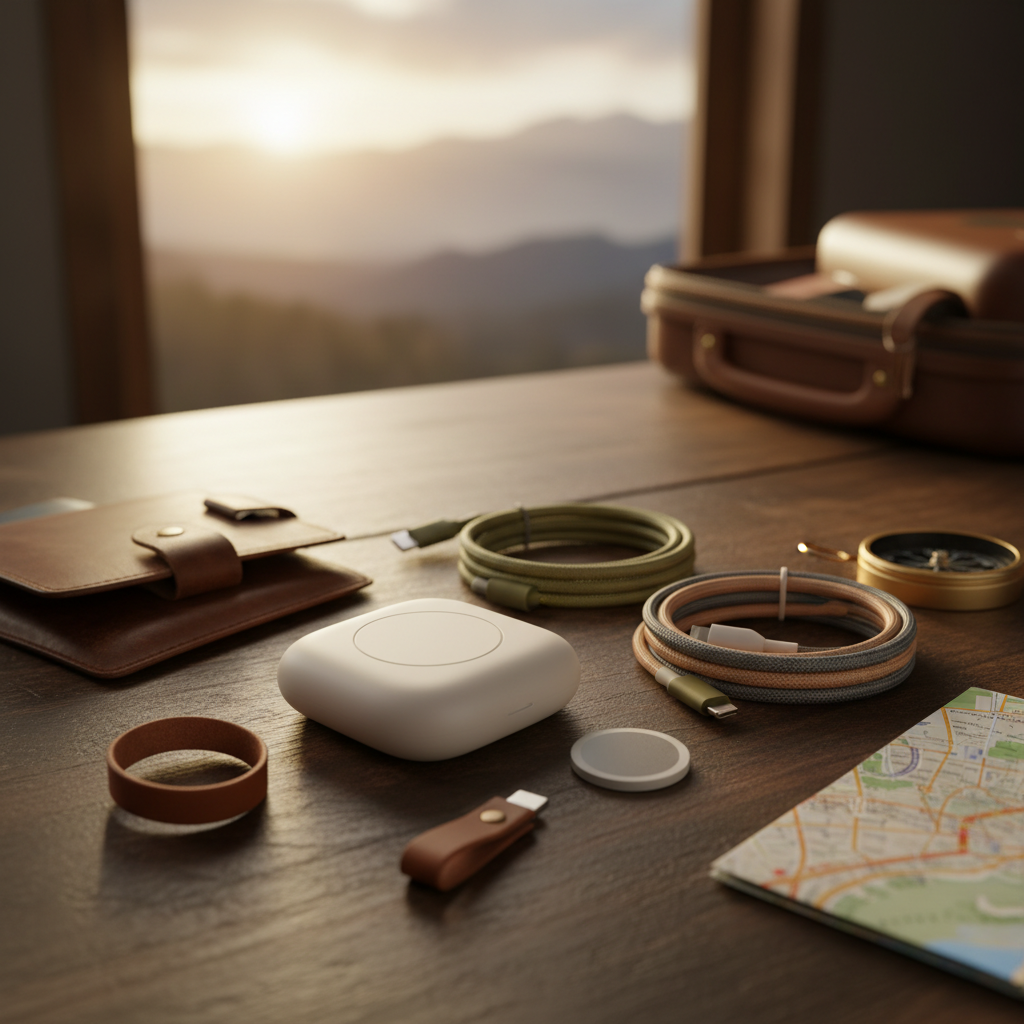 A collection of travel tech gear including a MagSafe power bank, charging cables, and an AirTag on a wooden table, warm travel aesthetic, lifestyle photography, rich colors, no text