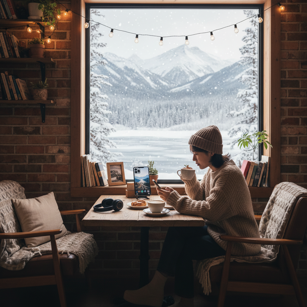 A young Korean person sitting in a cozy winter cafe editing travel photos on an iPhone 16 Pro, beautiful snowy landscape visible through the window, warm natural lighting, lifestyle photography, 4:3