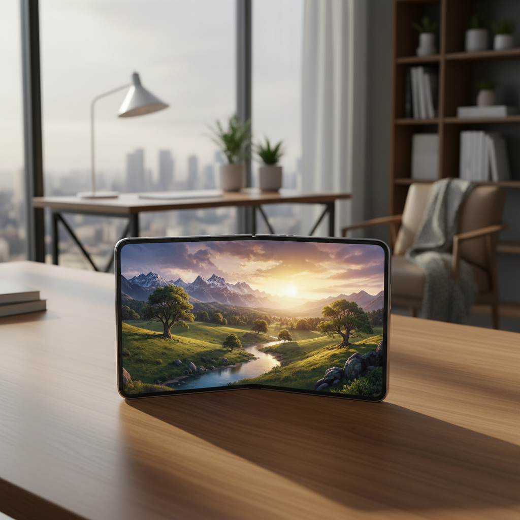 A wide book-style foldable smartphone lying open on a wooden desk, displaying a beautiful landscape wallpaper, cinematic lighting, modern home office background, no text