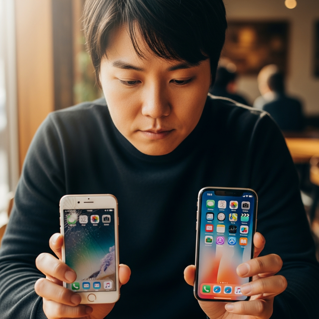 A person making a thoughtful decision about buying a new or old iPhone, with old and new models subtly visible. The old iPhone shows a cracked screen or outdated UI. Style: lifestyle photography, warm lighting, natural setting. No text. Korean appearance, centered focus.