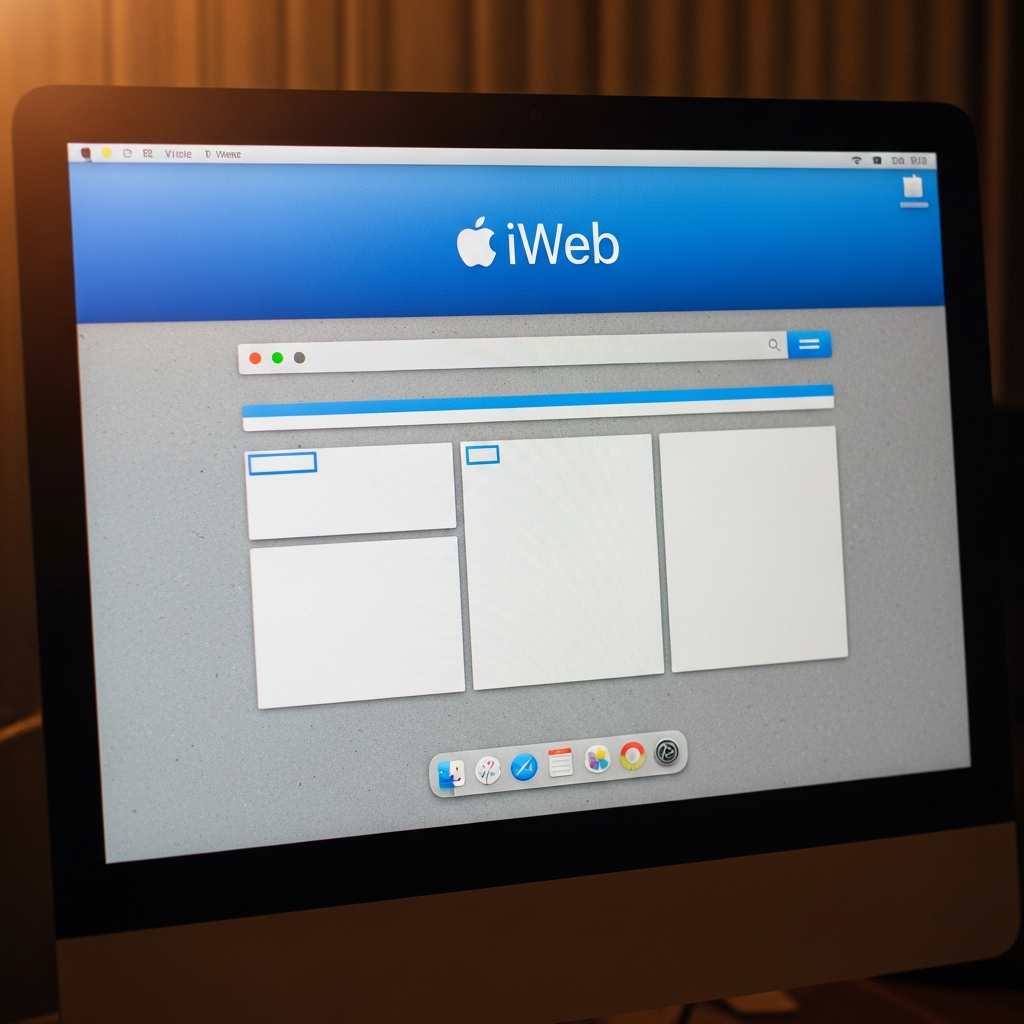 Close-up of a computer screen displaying an old Apple iWeb welcome screen with vintage UI elements, bathed in warm nostalgic light, on a textured background, no text, clean and modern infographic style, high contrast.
